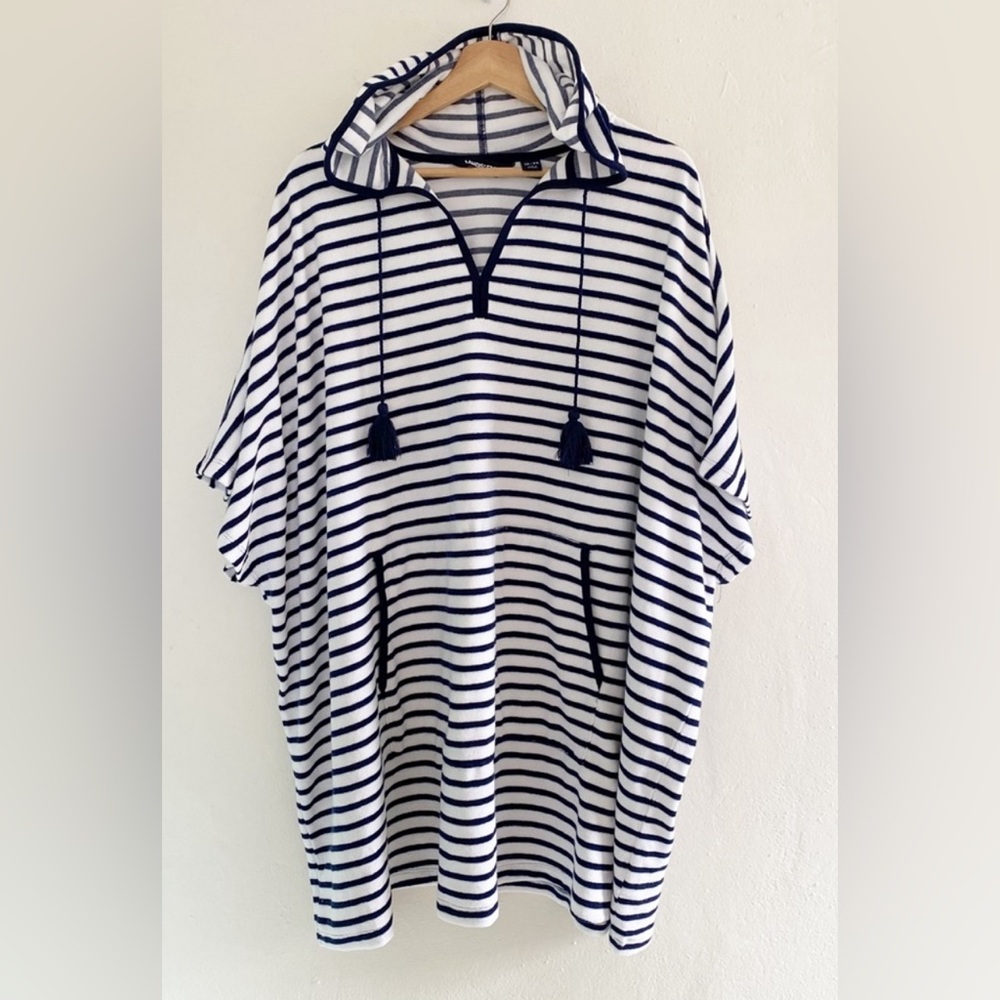 Lands' End Navy White Stripe Terry Swim Cover Up Size 1X-2X EUC